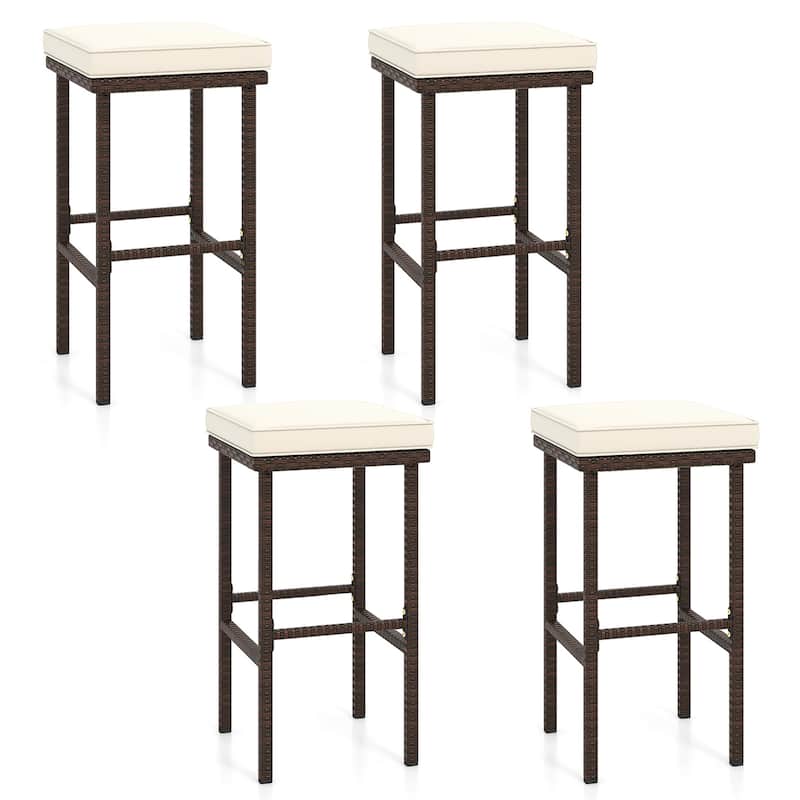 Gymax Wicker Bar Stools Set of 4 w/ Removable Seat Cushions Footrest - Counter Height - Beige - Set of 4
