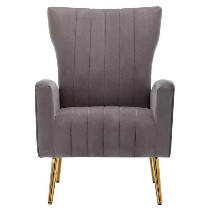 Velvet Comfy Accent Chair Cozy Arm Chair with Wingback and Gold Metal Legs - Grey