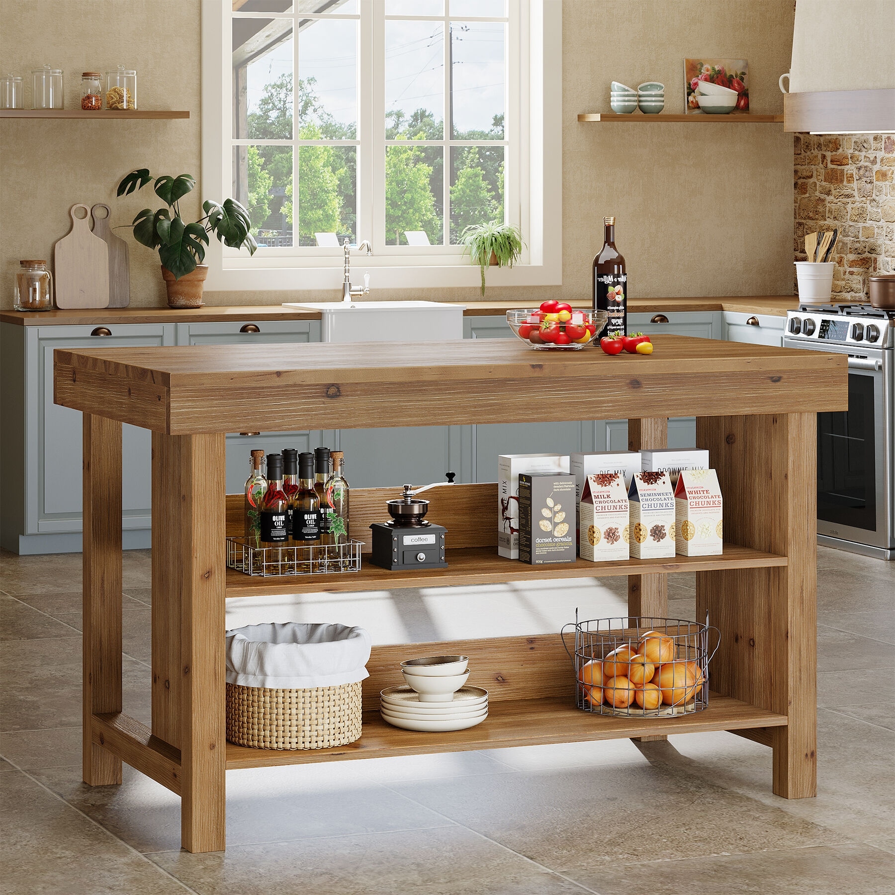 Solid Wood Kitchen Island, 3-Tier 55 Inch Farmhouse Island Table