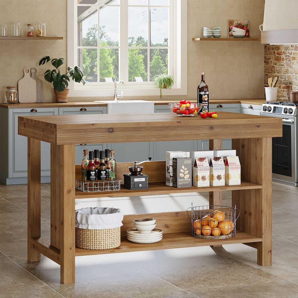 Solid Wood Island, 3-Tier 55 Inch Farmhouse Center Island Table