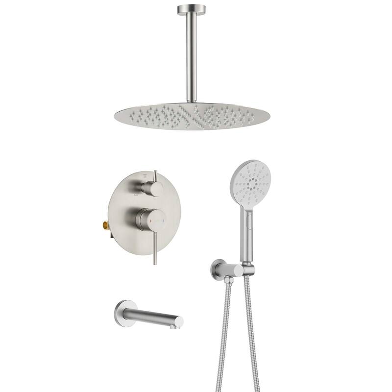 Pressure Balanced Ceiling Mounted 3-Function Shower System with Rough In Valve - Brushed Nickel