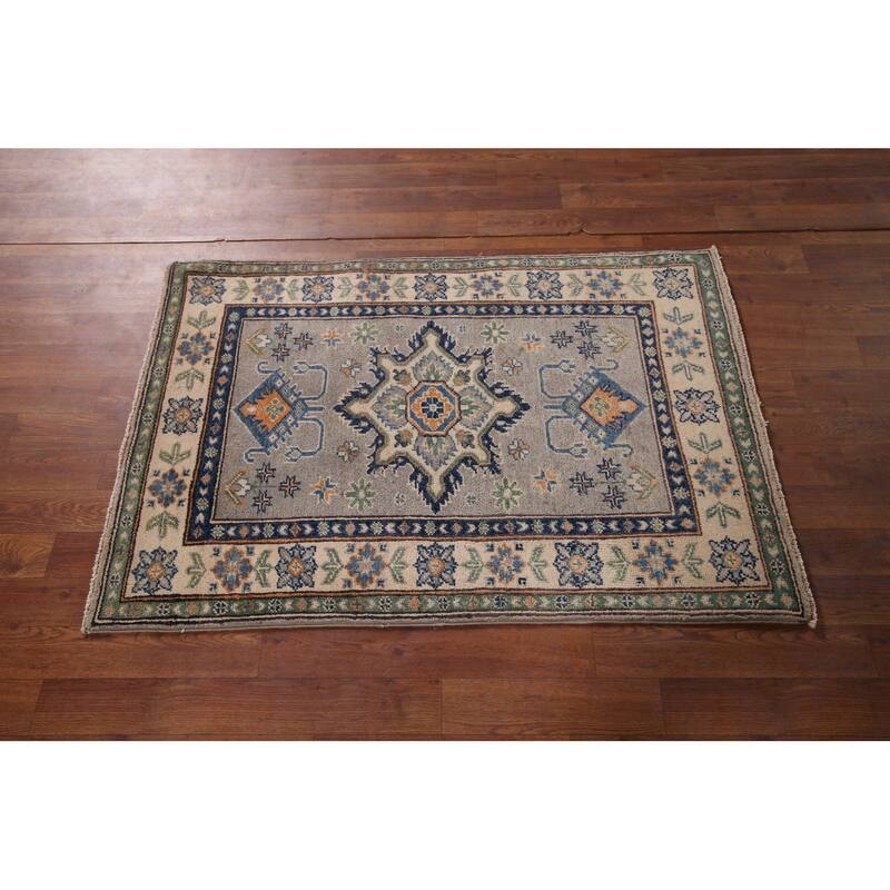 Geometric Kazak Foyer Rug Handmade Grey Wool Carpet - 2'9" x 4'0"