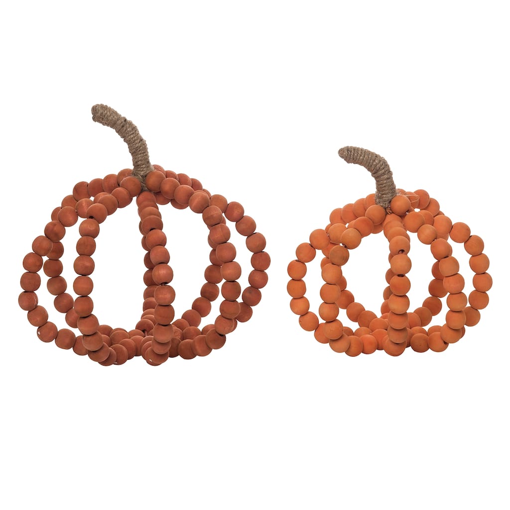 Transpac Wood 7.09 in. Orange Harvest Beaded Pumpkins Set of 2