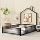preview thumbnail 2 of 47, Twin/Full Size House Platform Bed with Guardrail and House-Shaped Headboard, Metal Floor Montessori Bed with Chimney Design