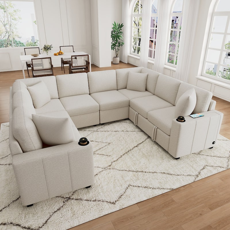 108.7" U Shaped Sectional Sleeper Sofa Chenille Upholstered Couch, Oversized Convertible Pull Out Sofa Bed with USB Ports - Beige