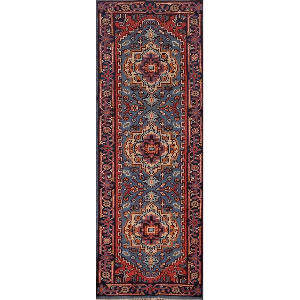 Geometric Heriz Serapi Runner Rug Hand-Knotted Wool Carpet - 2'7" x 7'10"