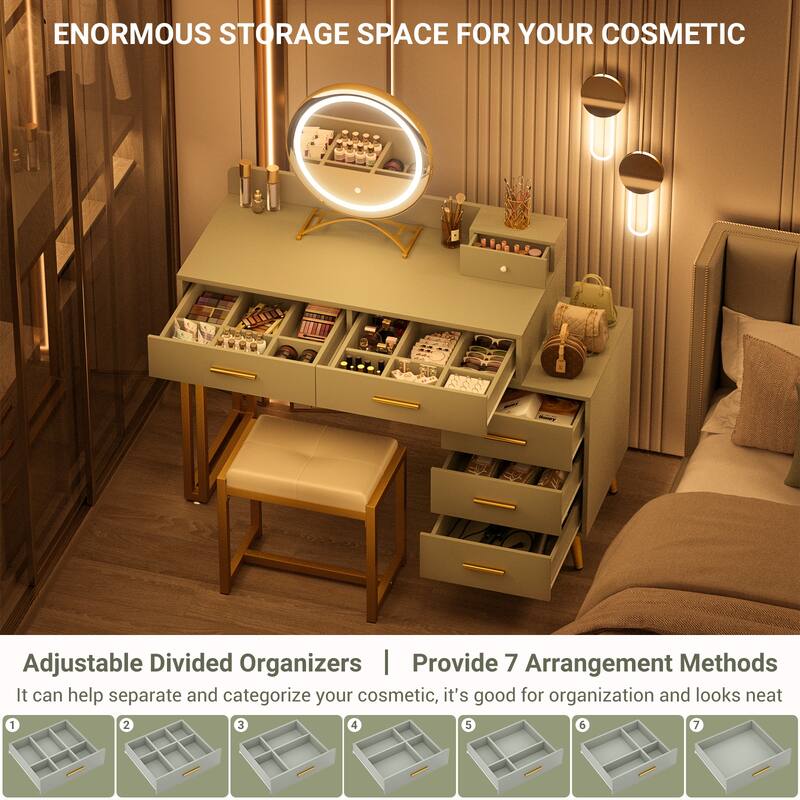 Makeup Vanity Desk with Stool and LED Mirror, Modern Makeup Table Vanity Desk with 6 Storage Drawers