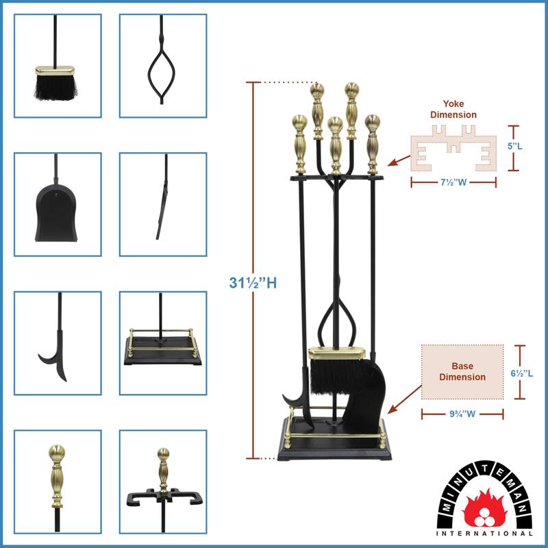 Achla Designs Oxford Set of 4 Fireplace Tools, 30.5 Inch Tall, Black and Polished Brass