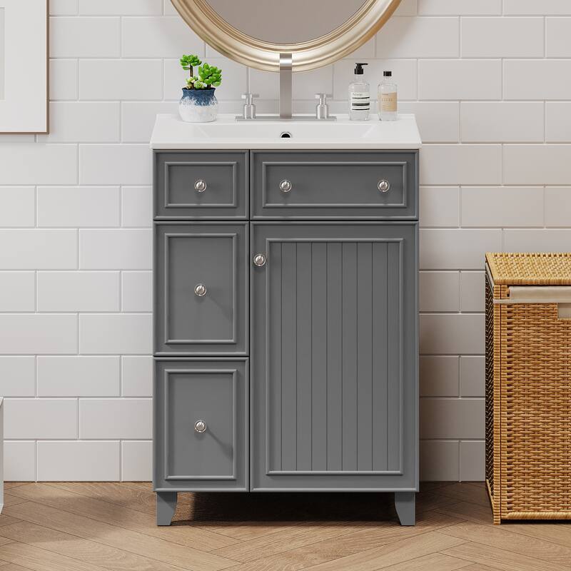 Bathroom Vanity with Sink, Small Bathroom Storage Cabinet with Ceramic Basin, Single Vanity with 2 Drawers and Door