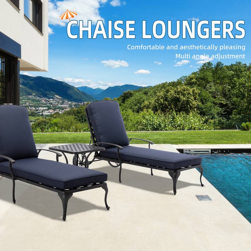 3-Piece Aluminum Reclining Outdoor Chaise Lounge with Cushions and Table - Navy Blue