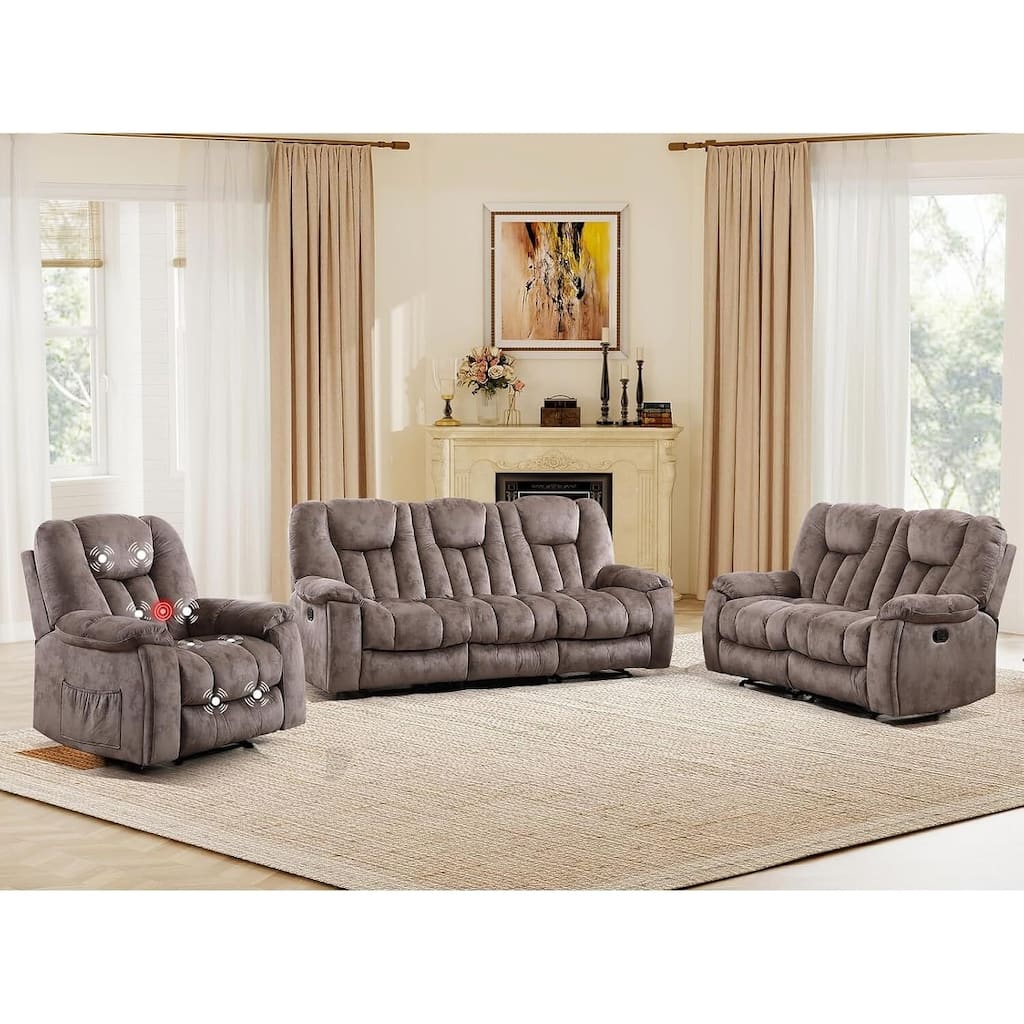 Recliner Sofa Furniture Set, Manual Recliner with Massage and Heat, Loveseat and 3 Seat Reclining Couch Set for Living Room