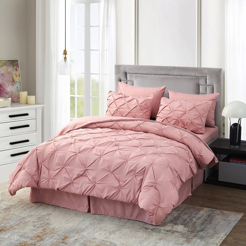 8-piece Pinch Pleated Bed-in-a-Bag Down Alternative Comforter Set - Pink - California King