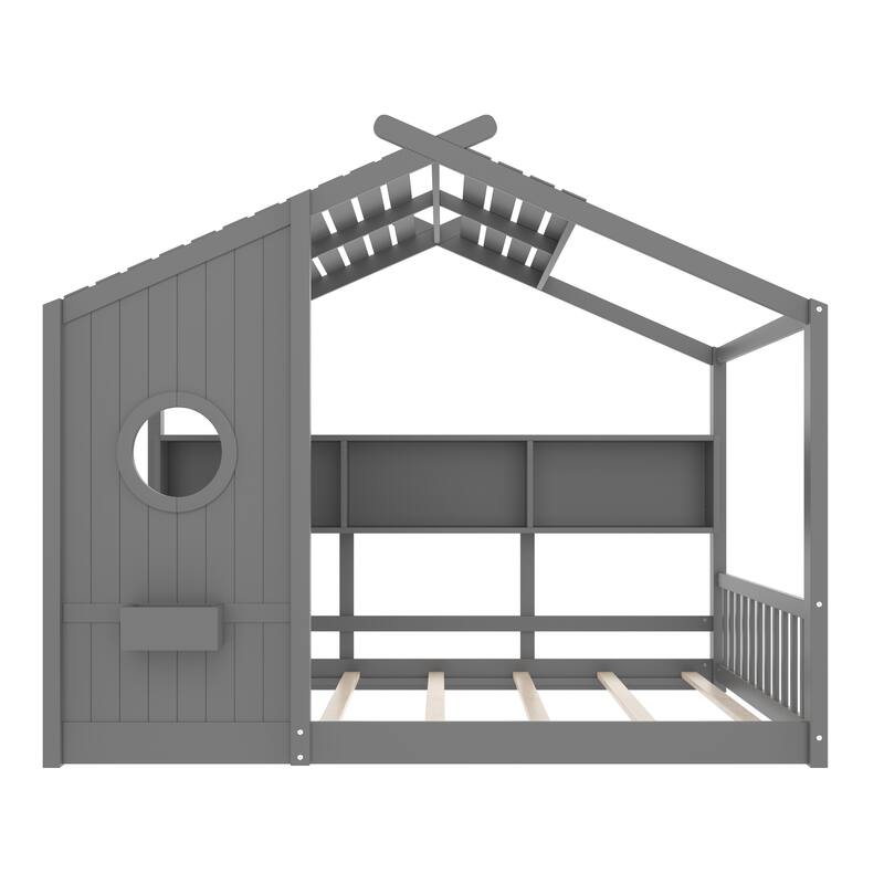 House Bed Frame for Toddler Floor Bed, Kids Montessori Bed with Storage Shelf and Round Window, Playhouse Bed with Roof Design