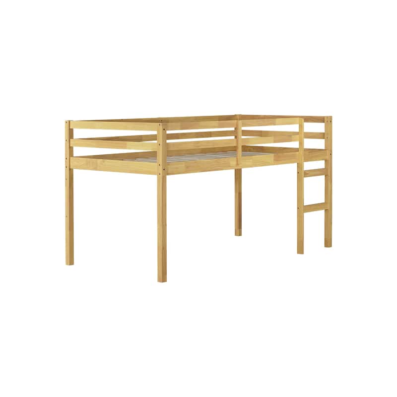 Twin size Rubber Wood Loft Bed with Ladder, 13 Strengthened Slats and Safety Guardrails