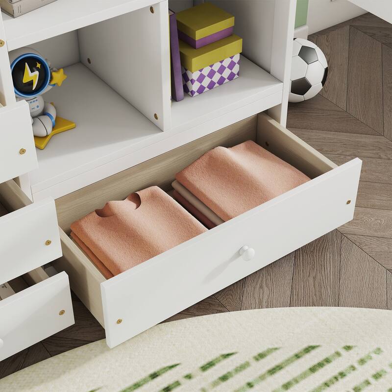 Full Size Loft Wood Bed with Desk, Storage Shelves, Drawers, and Built-in Ladder, White