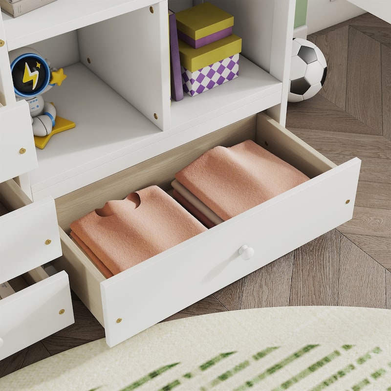 Full Size Loft Wood Bed with Desk, Storage shelves and Drawers, Built-in Ladder, High Loft Bed with Desk