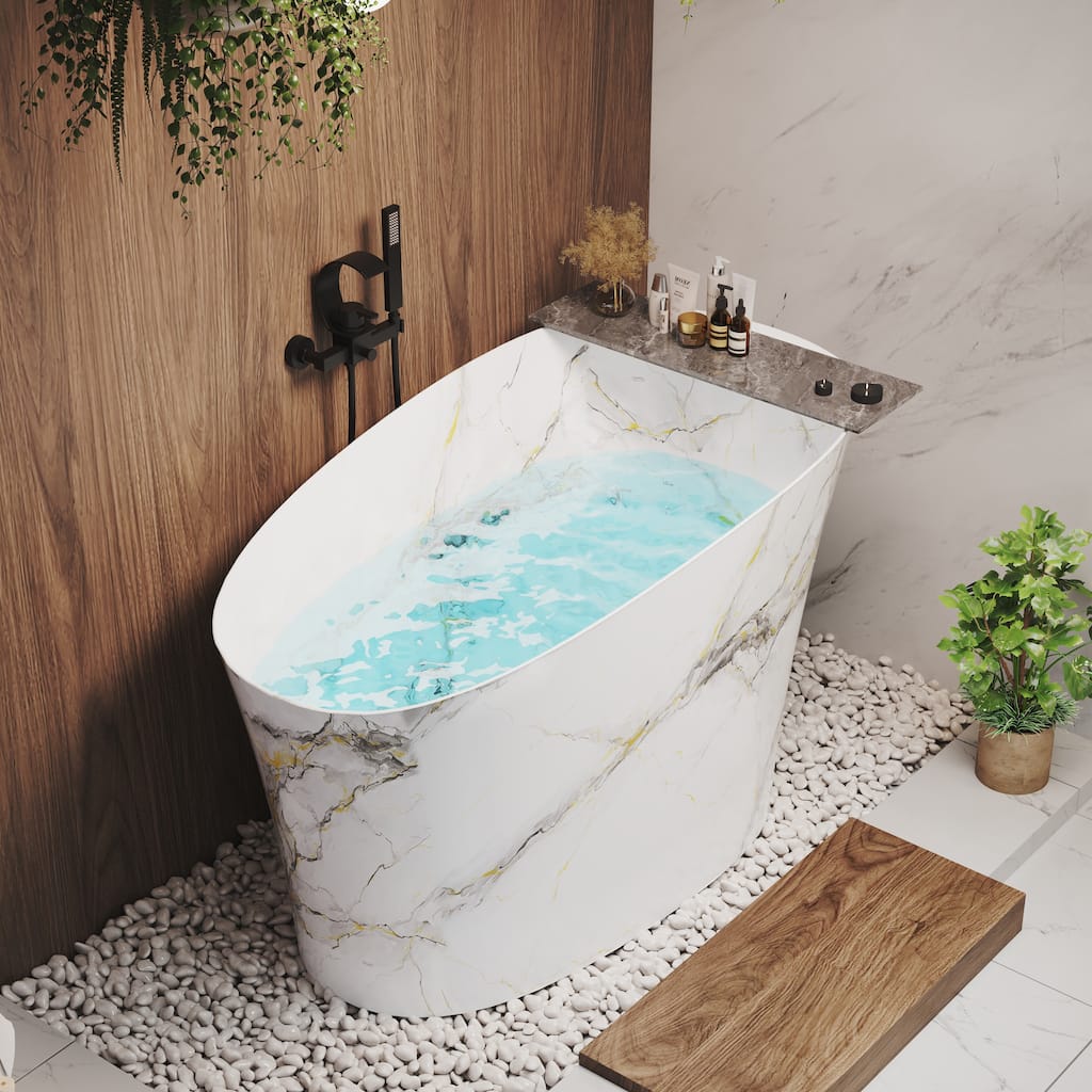51 in. x 28 in. Solid Surface Freestanding Deep Soaking Bathtub with Built-In Seat, Right Drain, Matte White with Marble Pattern
