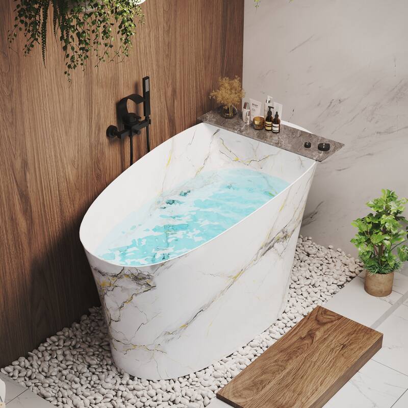 51 in. x 28 in. Solid Surface Freestanding Deep Soaking Bathtub with Built-In Seat, Right Drain, Matte White with Marble Pattern