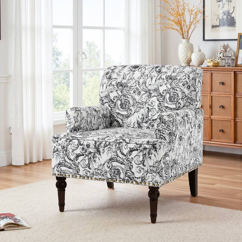 Striped Upholstered Linen Armchair with Brass Nailhead Trim - ROCOCO - Black