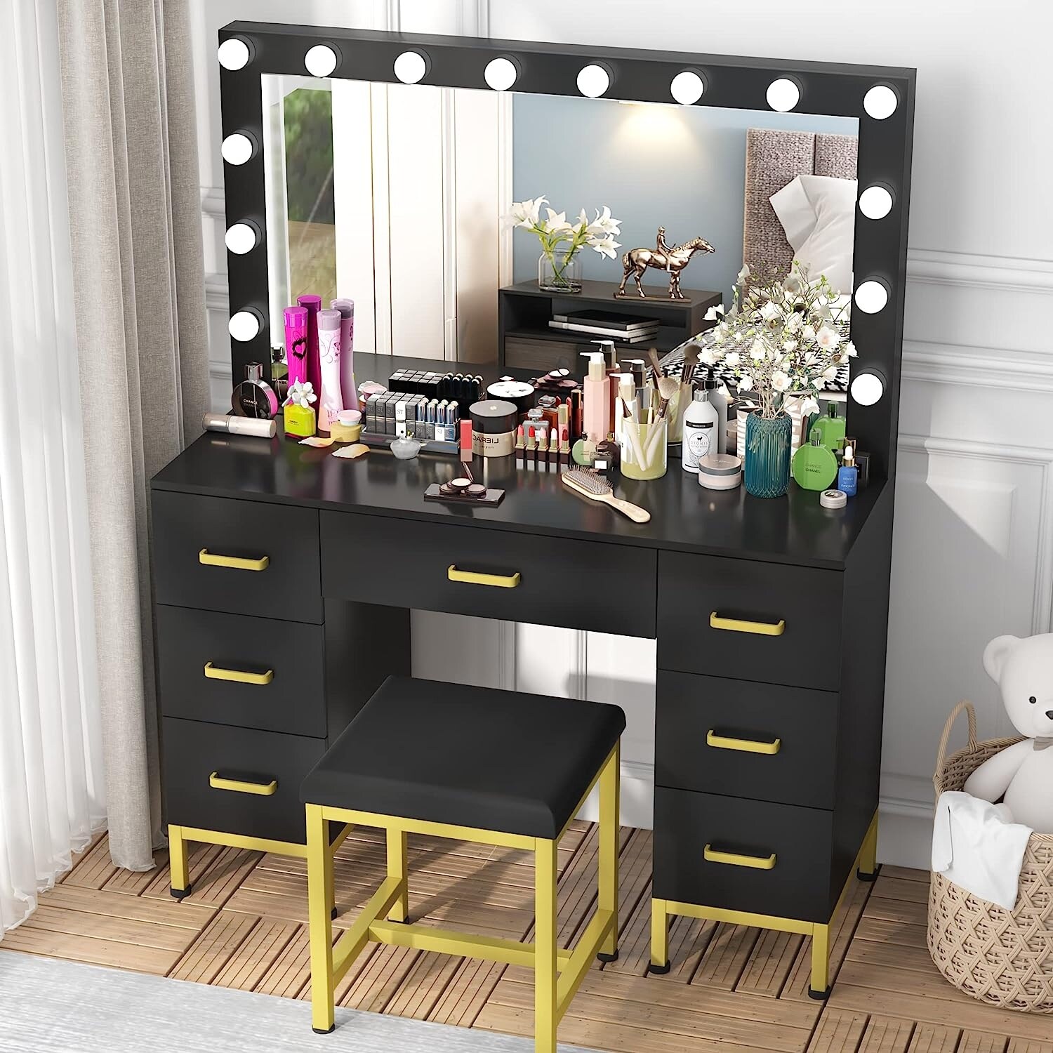 44 Makeup Vanity with 14PCS LED Bulbs Cushioned Stool 7 Drawers On Sale Bed Bath Beyond 38460232
