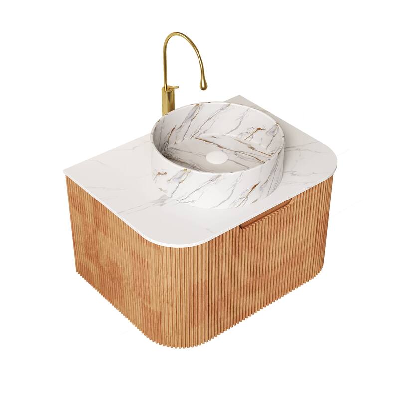 24" Bathroom Vanity, Floating Curved Edges Striped Storage Cabinet with Drawer, Glossy Stone White Round Ceramic Basin