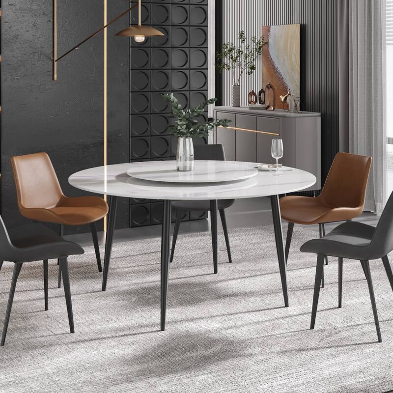 59" White Marble Round Dining Table with Lazy Susan