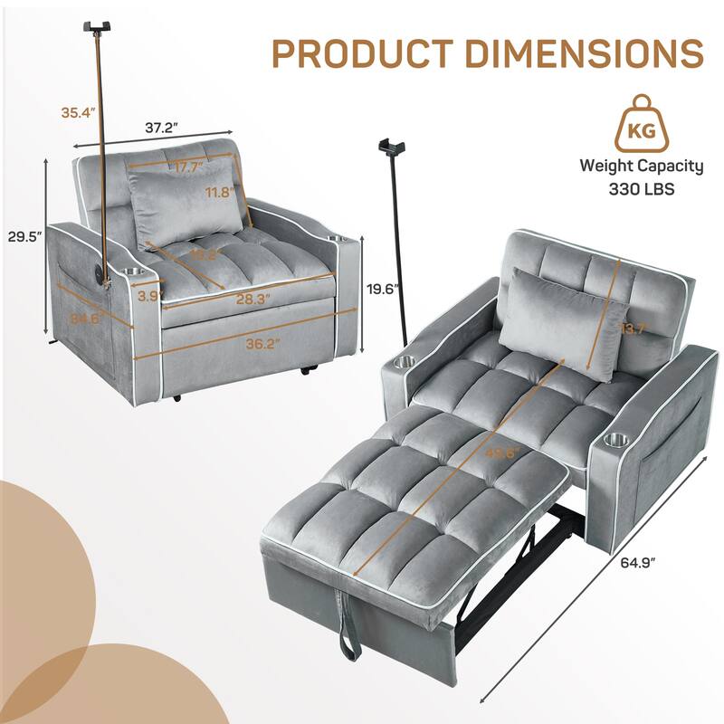 37 in. W 3-in-1 Convertible Chair Bed Suede Pull Out Twin Size Sofa Bed with USB Ports, Cup & Phone Holder