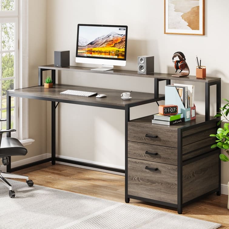 63" Computer Desk with Monitor Stand, Ergonomic Home Office Desks with Drawers File Cabinet