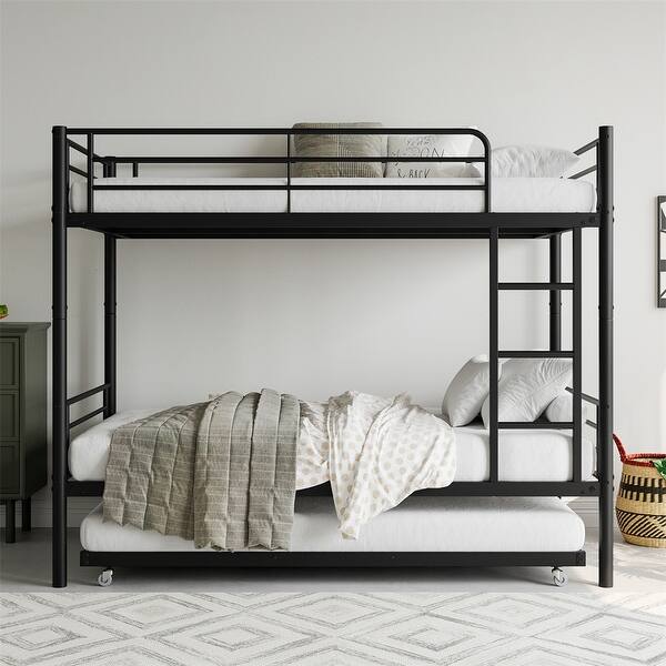 slide 2 of 10, Twin Bunk Bed with Trundle Metal Bunkbeds with Ladder