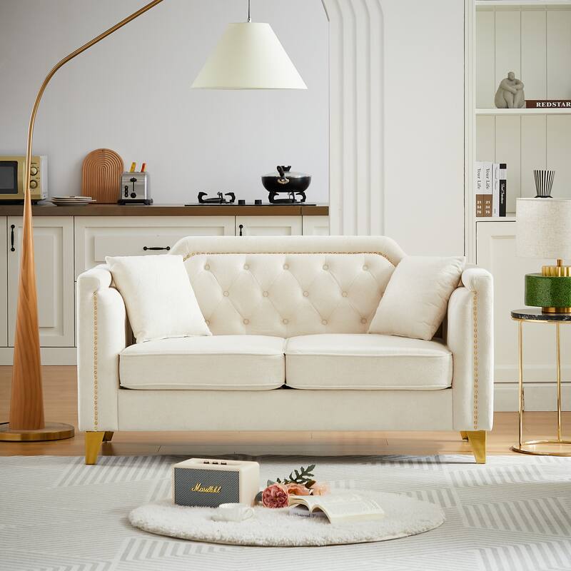 Chenille Fabric Sofa with Gold Metal Legs, Button Tufting, and Brass Nail Detail