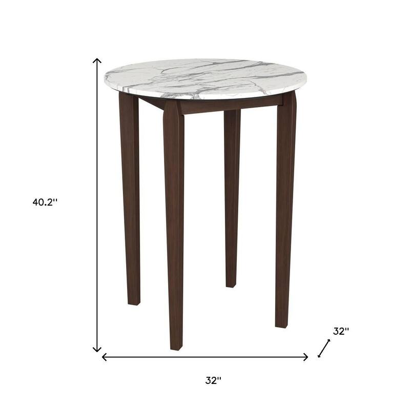 HomeRoots 32" White and Brown Faux Marble and Solid Wood Rounded Bar Table - 32.00 in. x 40.20 in. x 32.00 in.