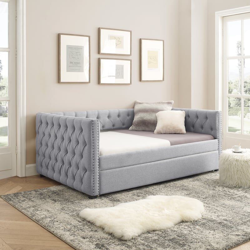 Full Size Daybed with Twin Trundle Sofa Bed, with Button and Copper Nail on Square Arms, Grey