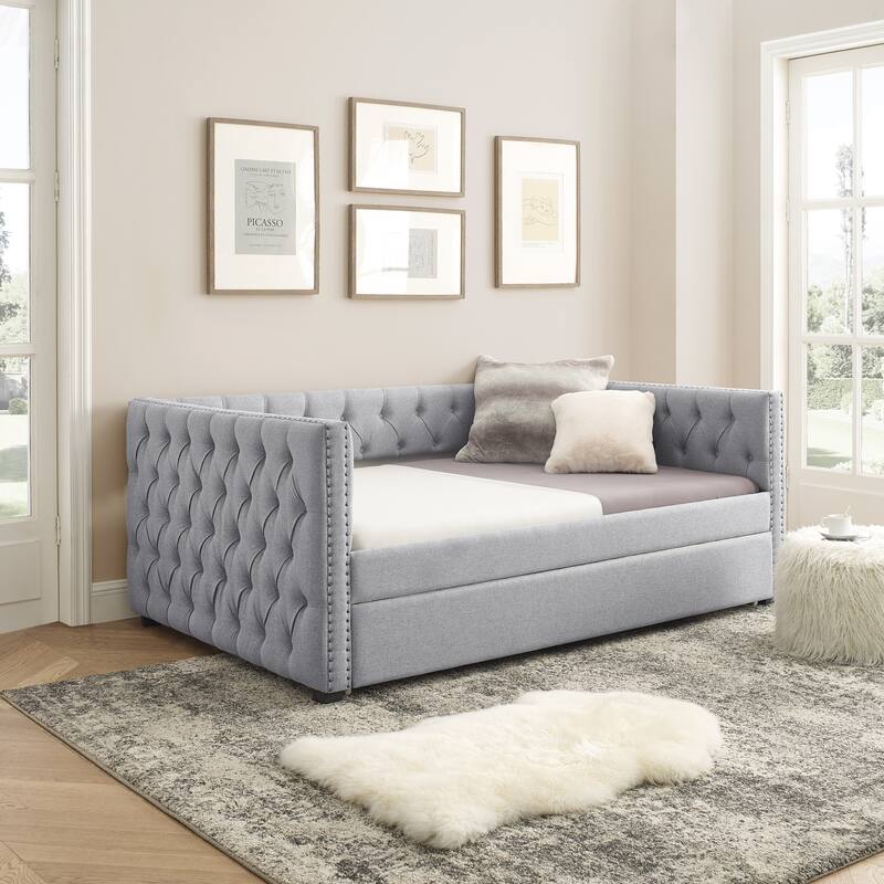 Tufted Daybed Upholstered Frame Sofa Bed with Button Copper Nail on Square Arms, and Pull-out Trundle Bed or Storage Drawers