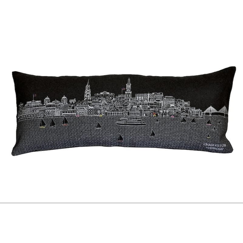 25" Black Charleston Nighttime Skyline Lumbar Decorative Pillow