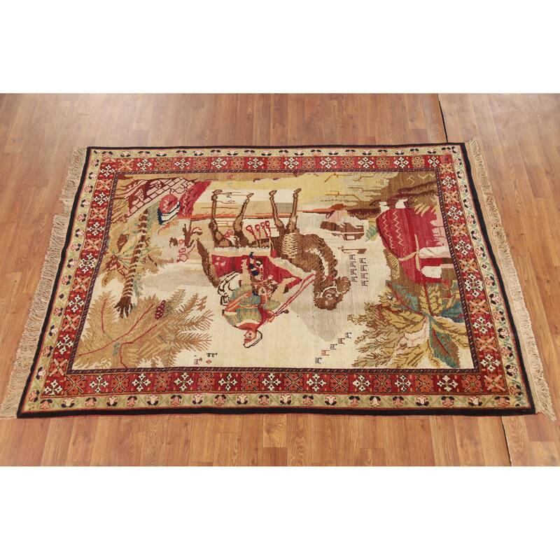 Vegetable Dye Karabagh Oriental Rug Hand-Knotted Wool Carpet - 4'2" x 5'11"