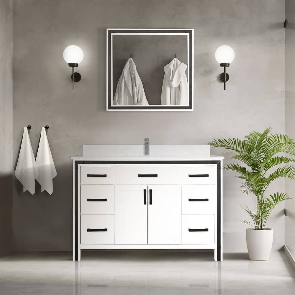 Ziva 48 in W x 22 in D White Bath Vanity, White Quartz Top, Faucet Set and 34 in Mirror