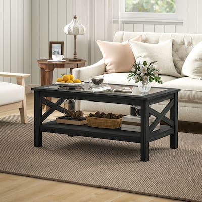 Tempered Glass Top Coffee Table with Storage Shelf