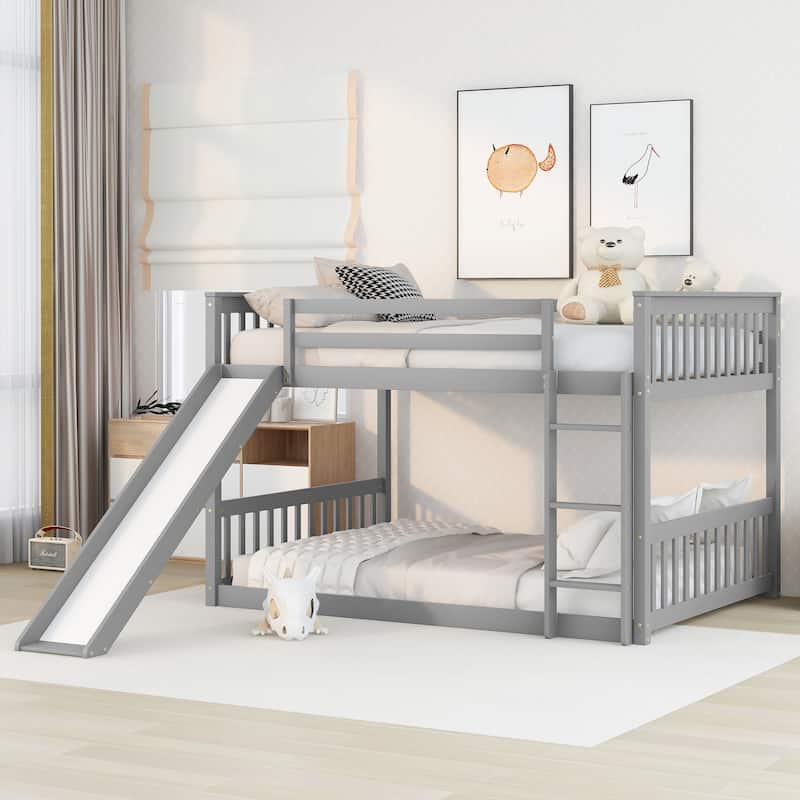 Full over Full Wood Bunk Bed with Slide and Ladder - Grey