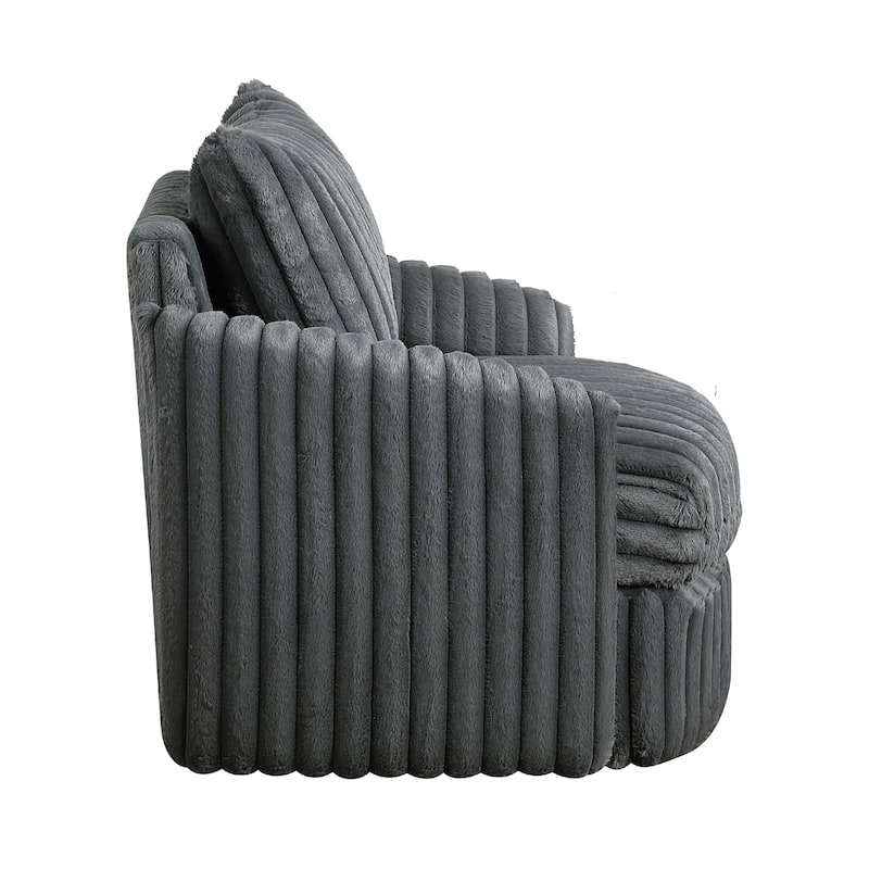 Goro Round Swivel Accent Chair, 39 Inch, Gray Corduroy, Solid Wood