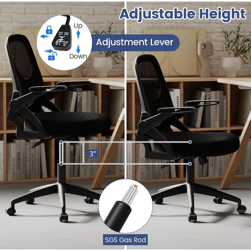 Breathable Mesh Adjustable Desk Chair with Lumbar Support and Sponge Cushion Flip-up Armrests - 25" x 25" x 36"-39"