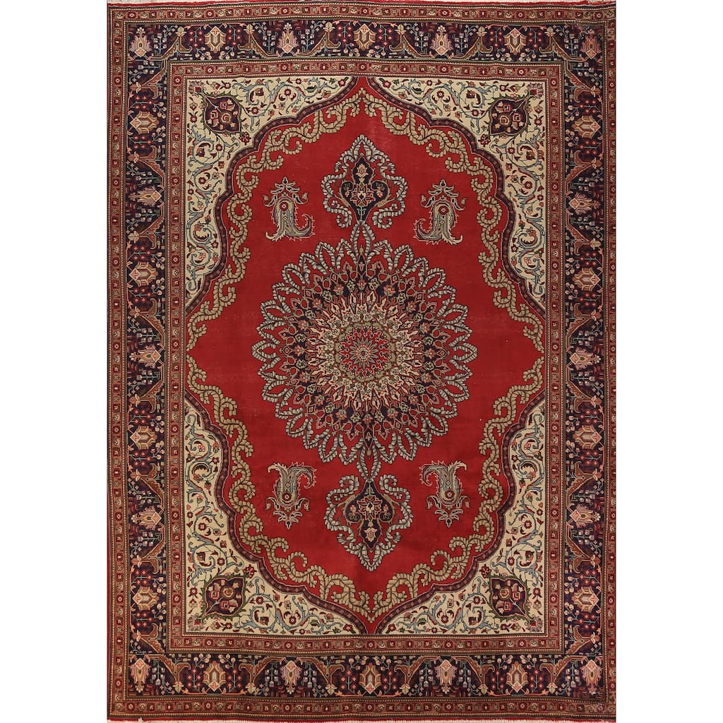 Red Medallion Tabriz Persian Vintage Area Rug Handmade Wool Carpet - 9'10" x 13'4"