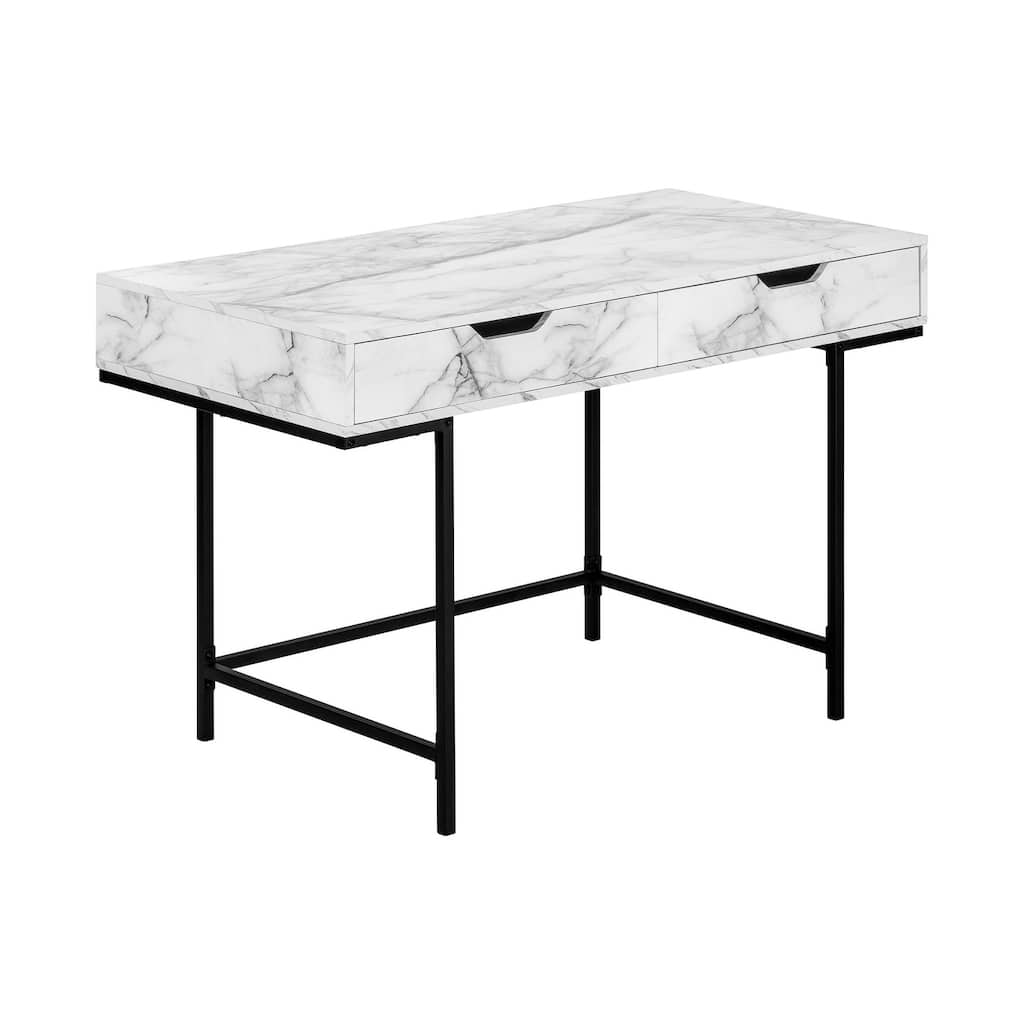 Computer Desk, Home Office, Laptop, Storage Drawers, 48"l, Work, White Marble Look Laminate, Black Metal, Contemporary, Modern