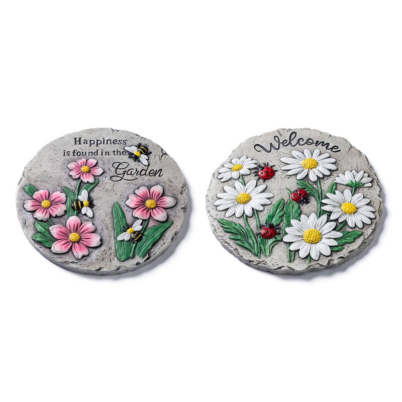 Glitzhome 2-Piece Cement Flower Textured Stepping Stones Garden Decor - 10 in