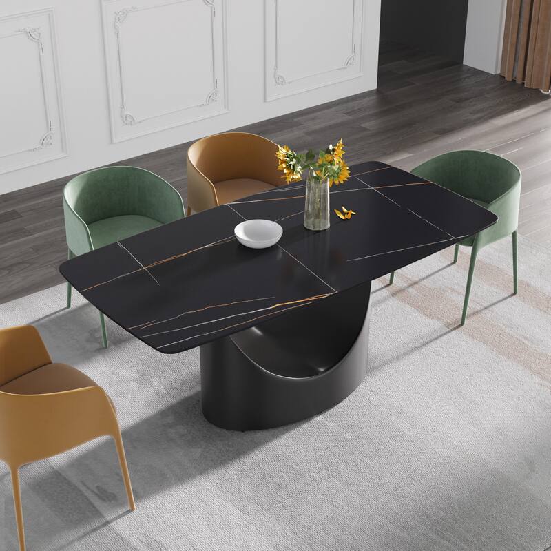 71" Marble table with Rectangular Slate Top and Ingot Shape Pedestal Leg