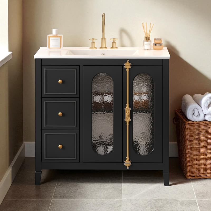 36 Inch Bathroom Vanity with Sink, Modern Freestanding Cabinet with 2 Soft-Close Doors, 3 Storage Drawers, Solid Wood Frame - Black
