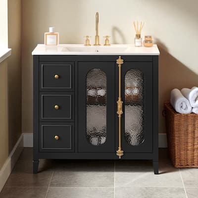 36 Inch Bathroom Vanity with Sink, Modern Freestanding Cabinet with 2 Soft-Close Doors, 3 Storage Drawers, Solid Wood Frame