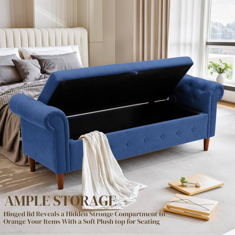 Multipurpose Rectangular Linen Sofa Stool with Large Space Saving Storage, 4 Rubber Wood Feet - 63 x 22.1 x 24.1 inch