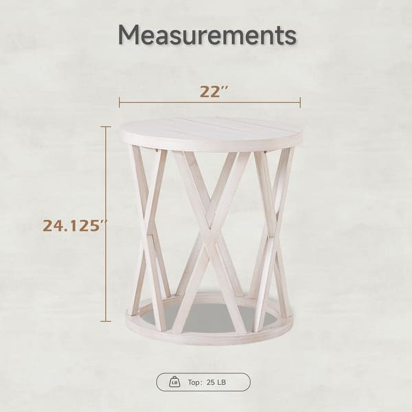 dimension image slide 3 of 4, COZAYH Farmhouse End Table, Rustic Round Coffee Table with X-Motifs Legs, Wood Textured Top for Boho, French Country Decor