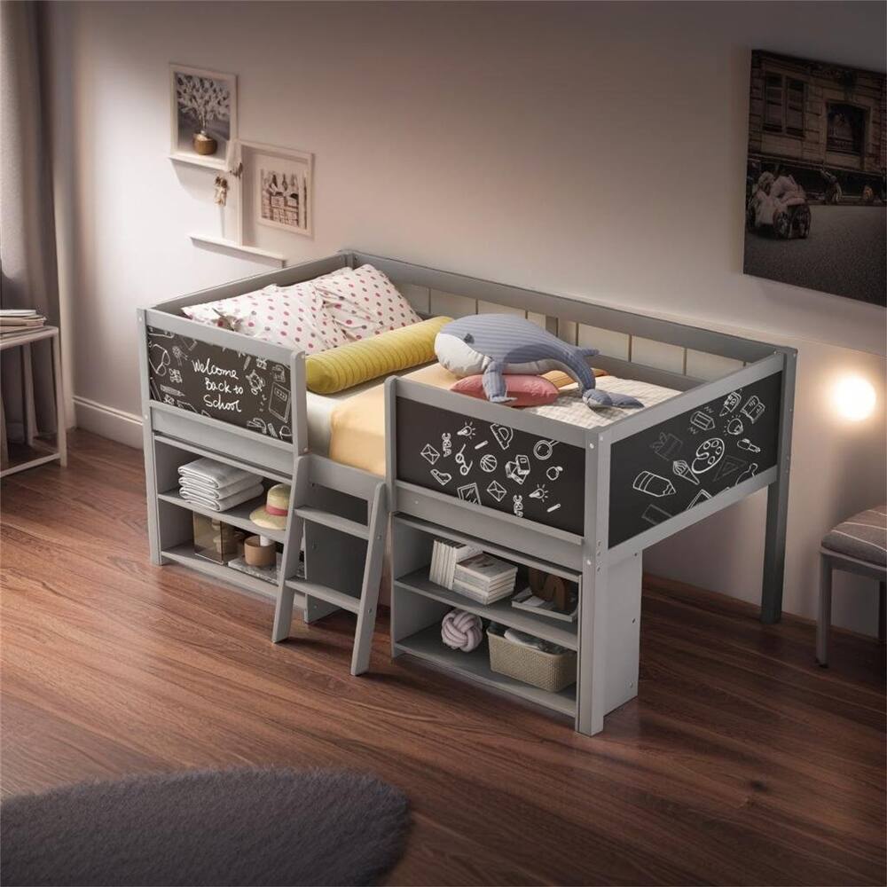 Twin Size Low Loft Bed with Two Movable Shelves and Ladder