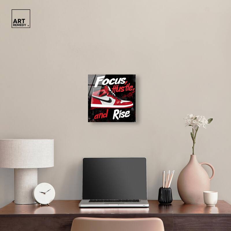 Hustle and Rise Sneaker Red Acrylic by Art Remedy, Ready to Hang